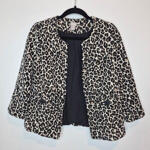 Chico's Leopard Blazer Open Front 3/4 Sleeve Decorative Button Pockets Sz 1 M/8
